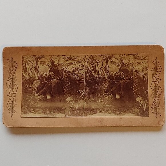 ANTIQUE Stereograph Card Victorian Woman and Bloodhound in Garden - Picture 1 of 4